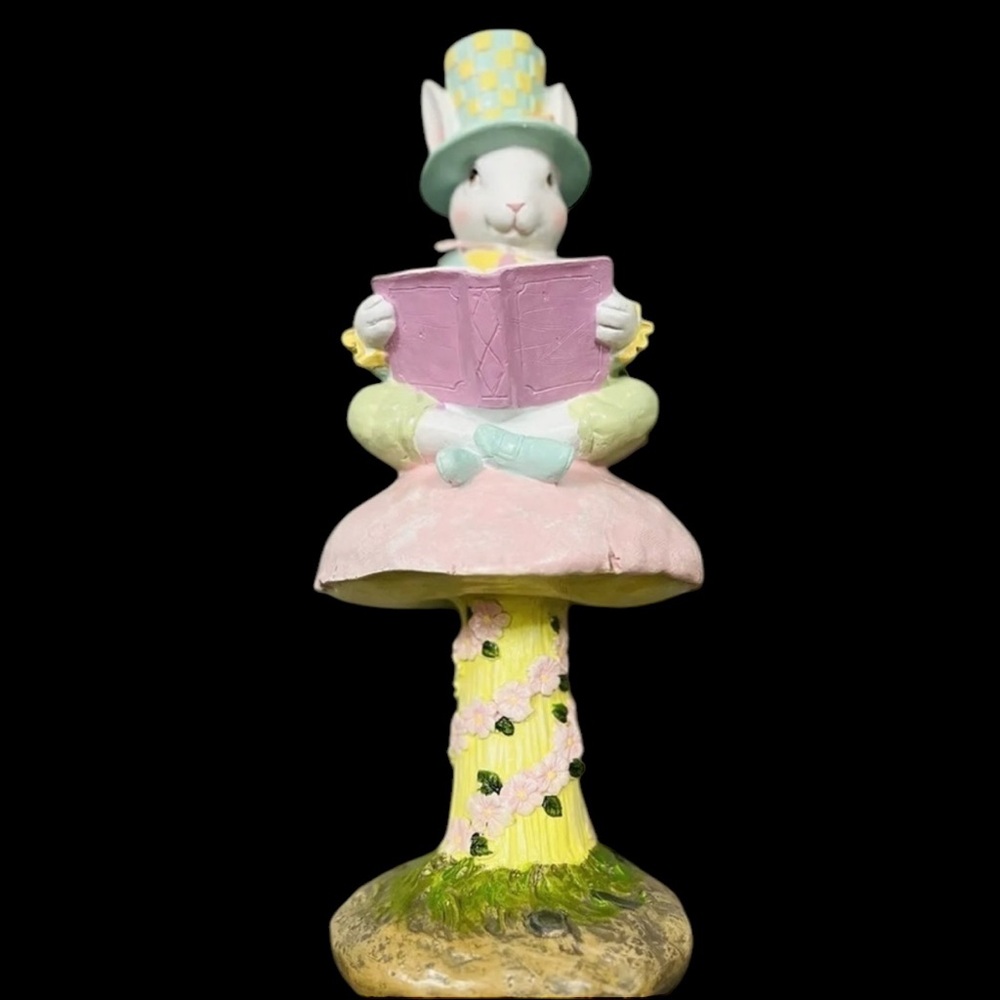 Cottontail Lane Mad Hatter Easter Bunny 15 1/2 “ Figure Sitting On Mushroom‌